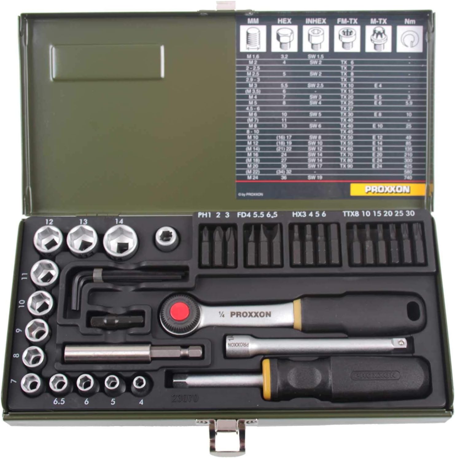Proxxon 23070 Socket Set, 0 V, Multi-Colour, 1/4-Inch, Set of 39 Piece