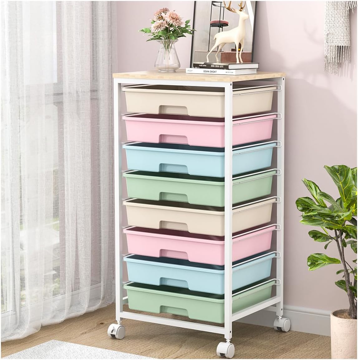 Rolling Storage Cart with Drawers,Utility Cart with 8 Drawers and Wooden Tabletop,Rolling Drawer Cart,Storage Drawer Cart for Living Room,Classroom,Bedroom,Bathroom,Dorm,Office,Rainbow