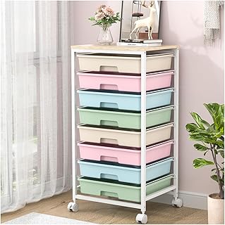 Rolling Storage Cart with Drawers,Utility Cart with 8 Drawers and Wooden Tabletop,Rolling Drawer Cart,Storage Drawer Cart for Living Room,Classroom,Bedroom,Bathroom,Dorm,Office,Rainbow