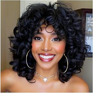 Short Curly Wigs for Black Women Soft Black Big Curly Wig with Bangs Afro Kinky Curls Heat Resistant Natural Looking Synthetic Wig for African American Women （Black）
