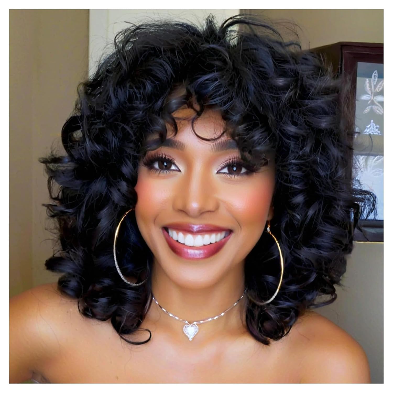 Short Curly Wigs for Black Women Soft Black Big Curly Wig with Bangs Afro Kinky Curls Heat Resistant Natural Looking Synthetic Wig for African American Women (Black)