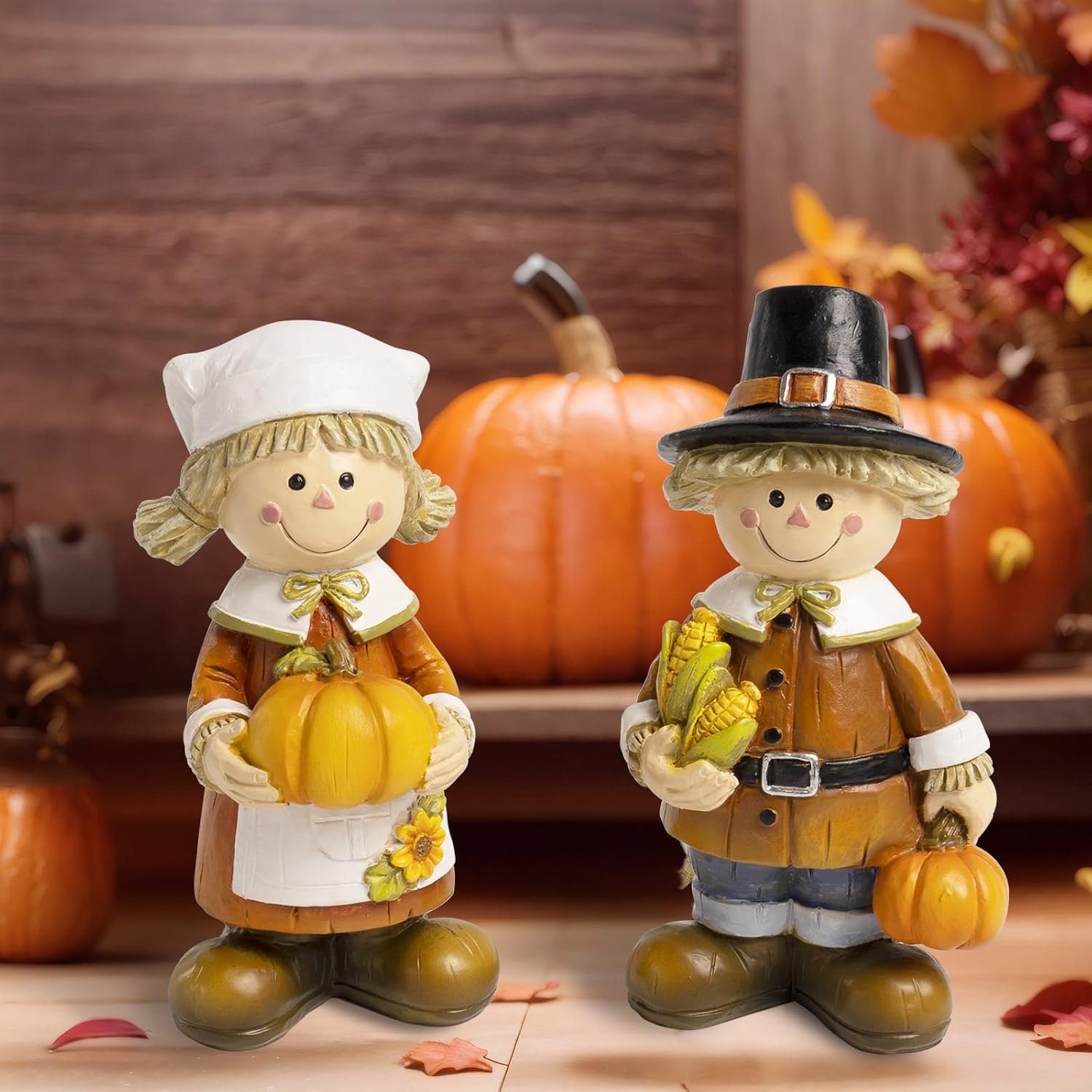 Pilgrim Figurines for Thanksgiving, Resin Fall Harvest Pumpkin Small Statue Table Top Centerpiece Decoration for Home, Autumn Indoor Tabletop Shelf Mantel Tiered Tray Desk Decor