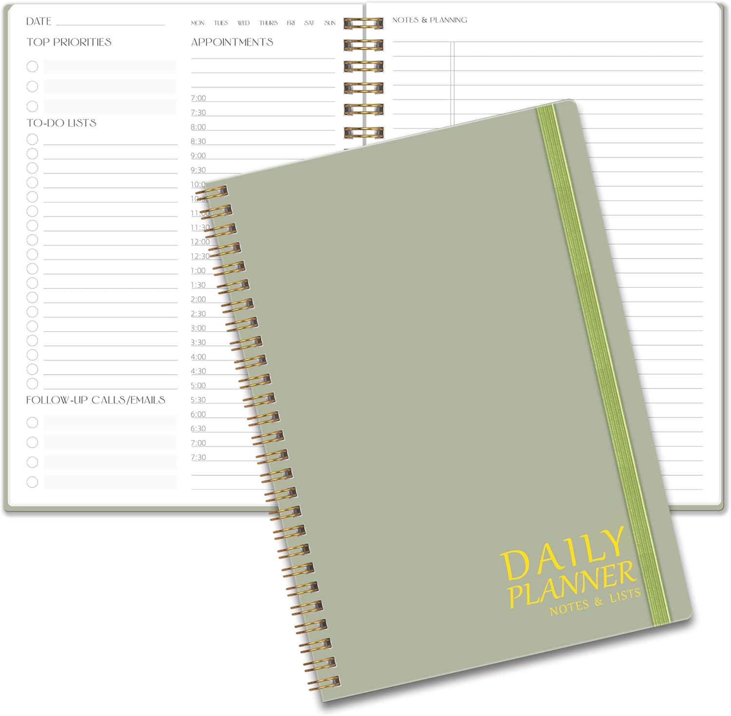 Daily Planner Undated - To Do List Notebook with Hourly Schedules, 5.9"x 8.6", Aesthetic Planner Organize Tasks and Appointments,A5 Agenda for Work, School & Office, Green
