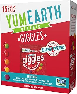 YumEarth Organic Giggles Chewy Candy - Allergy Friendly (Top 9 Free), No Artificial Dyes or Flavors, Non GMO, Gluten Free, Vegan - Individually Wrapped Fruity Snack Packs - 0.5 Ounce (Pack of 15)
