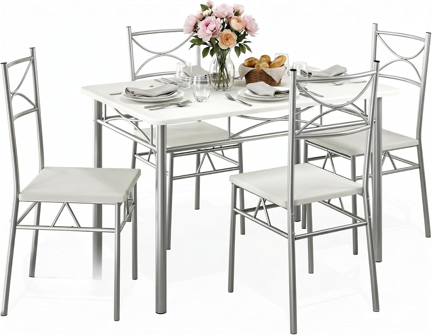 CASARIA® Dining Table Chairs Set 4 Space Saving Compact | White & Silver