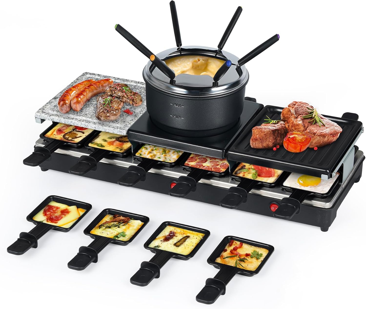 Raclette Table Grill - Indoor Electric Grill Griddle - Nonstick Extra Large Reversible 4-In-1 Outdoor Dishwasher Safe with Cheese 12 Paddles 12 Spatulas for 12 Person, FD-12