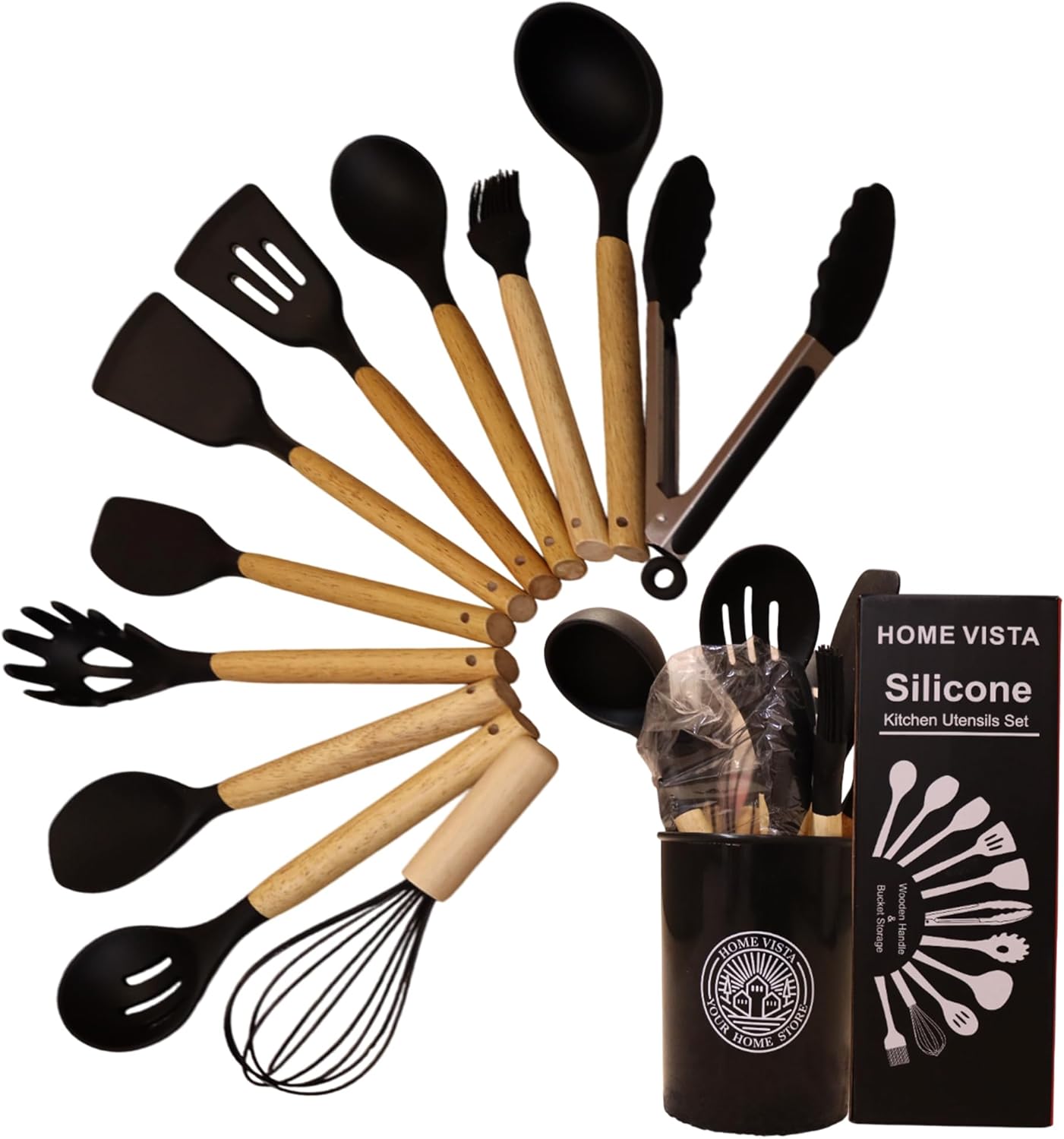 Home Vista Silicone Kitchen Utensils Set – 12 Pcs Heat Resistant Cooking Utensils with Holder, BPA-Free Spatulas, Spoons, Turner, Tongs & More – Black Silicone Kitchen Set for Non-Stick Pans