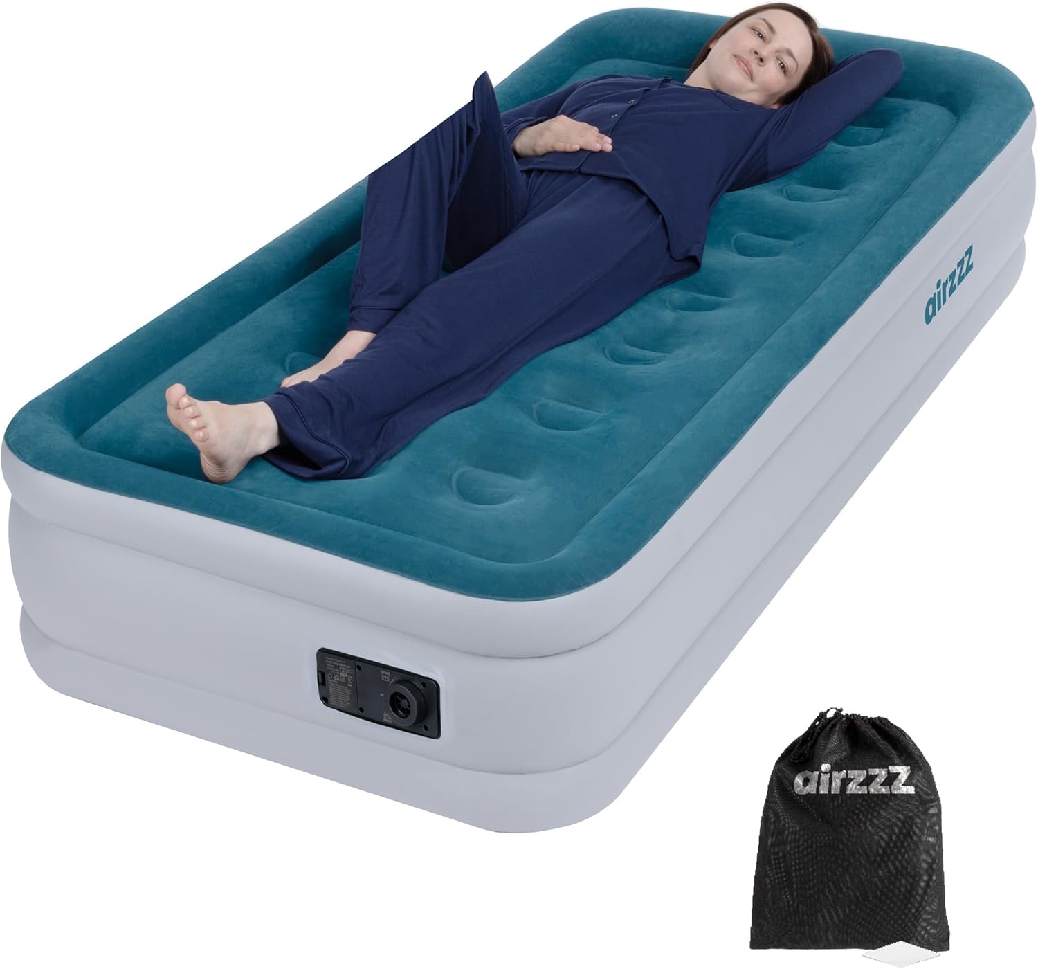 airzzZ Slumber Plus Air Bed - Single High Raise Flocked Non Slip Mattress - Inbuilt Electric Pump - Quick Self Inflation & Deflation - Camping,Hiking, Caravan, Guest Bed - Comes With Carry Bag