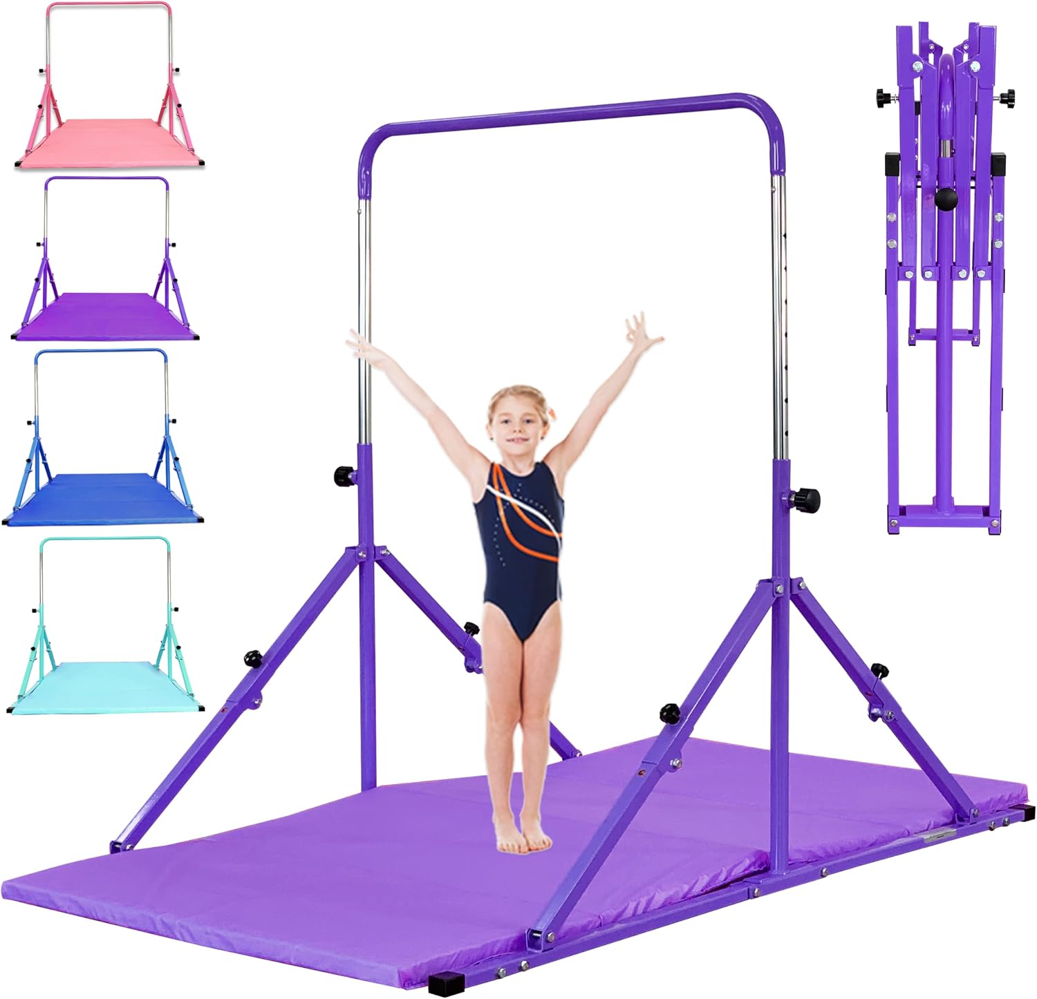 MARFULA Foldable Gymnastic Bar, 9 Height Levels, 200 lbs Weight Capacity, 5 Ft Length Gymnastic Kip Bar with Mat, Gymnastic Equipment for Home and Gym Center Indoor Outdoor Use