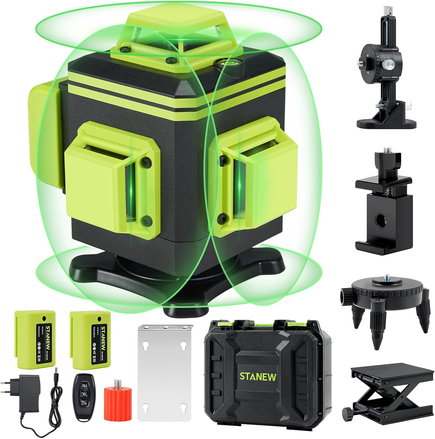 STANEW Digital On-Screen Laser Level 4 x 360°, Auto-Leveling Green Laser Level 4D 16 Line Horizontal and Vertical with Integrated Remote Control Rechargeable Battery 2 x 2400 MAh