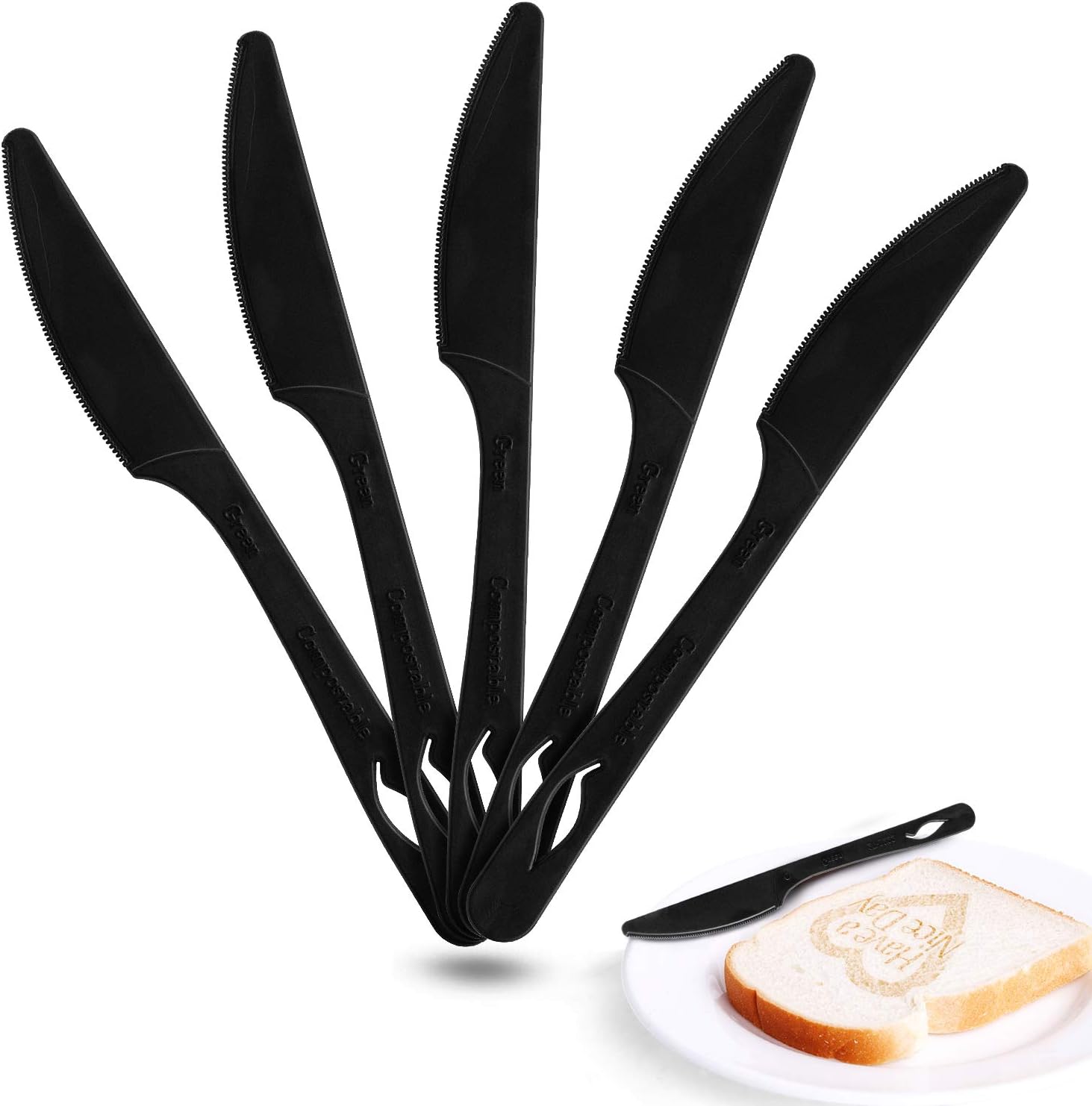 Green Earth, Disposable Knives 50 pack PLA Everyday Tableare Multi use Washable Gluten-Free To-Go Utensil Black 6.71"