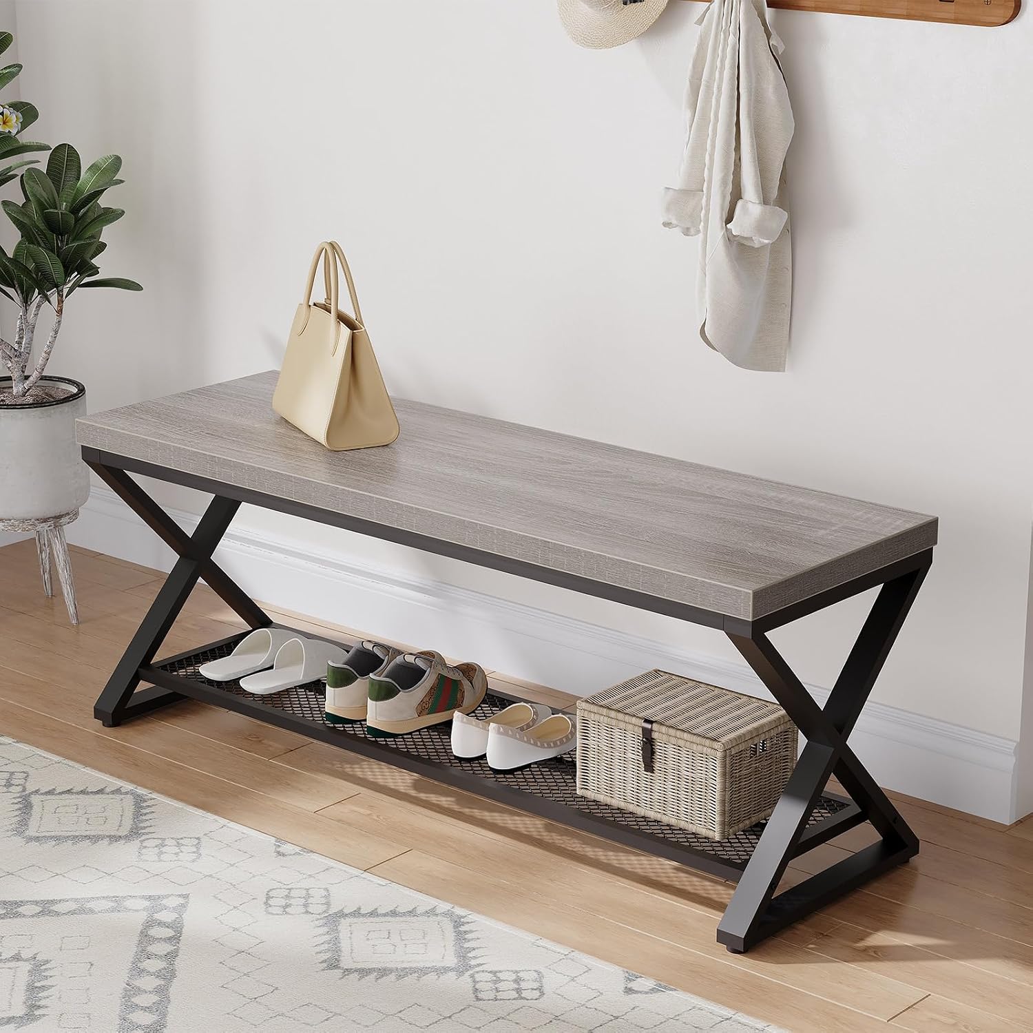 LVB Grey Entryway Bench with Storage, Indoor Shoe Bench with Seating, Modern Storage Benchs for Hallway Foyer Entrance, Wood and Metal Entry Way Shoe Rack Bench for Living Room, Light Grey Oak, 120 cm