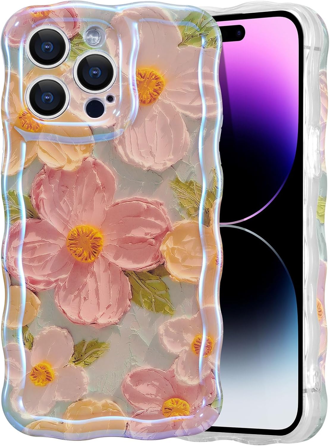 EYZUTAK Case for iPhone 15 Pro, Colorful Retro Oil Painting Flower Laser Beam Glossy Pattern Cute Curly Waves Border Exquisite Phone Cover Stylish Durable TPU Protective Case for Girls Women - Green