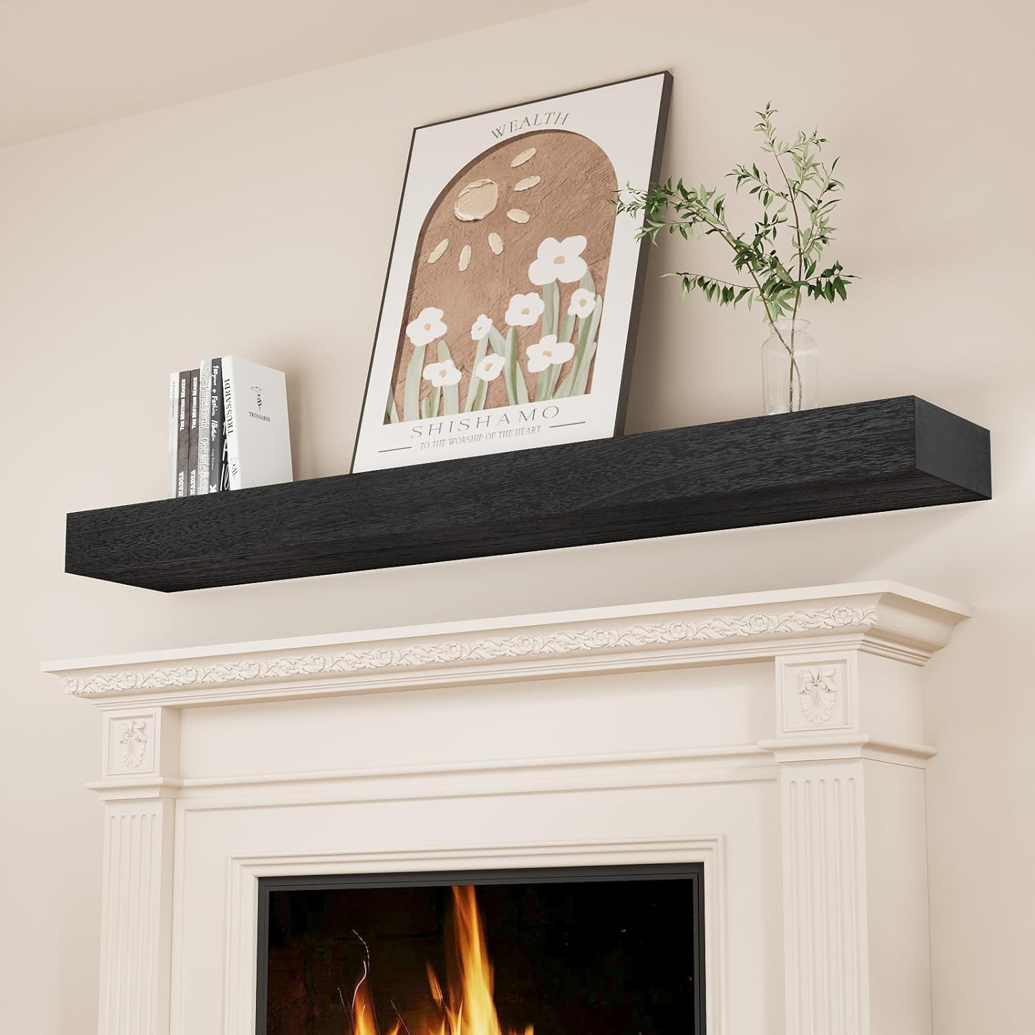 SAUMONIERES Fireplace Mantel Shelves 72 Inch Solid Wood Wall Mounted Long Floating Shelf Hollow, Black