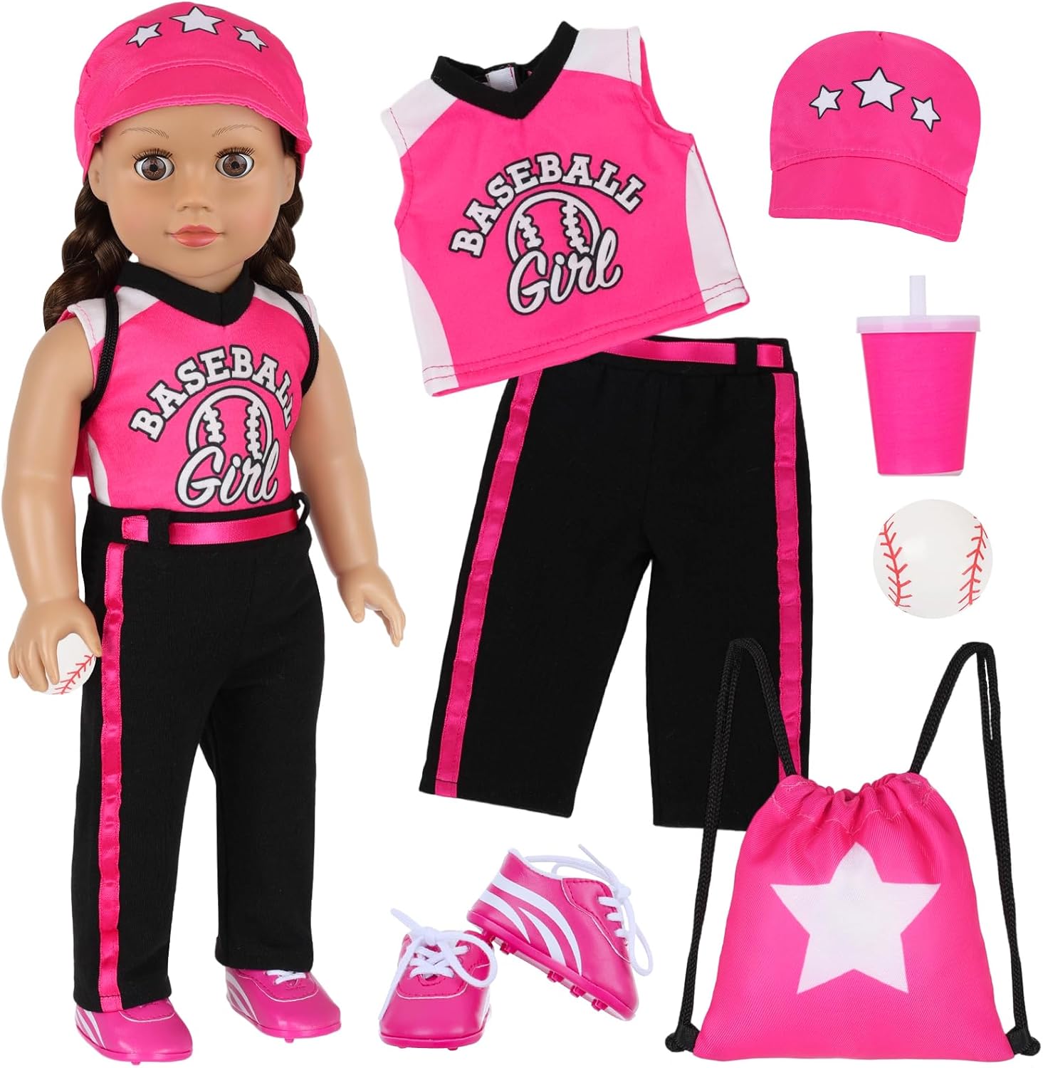 K.T. Fancy 7 PCS American 18 Inch Doll Rose Baseball Sweatshirt Doll Accessories Set Compatible with 18 Inch Girl Dolls