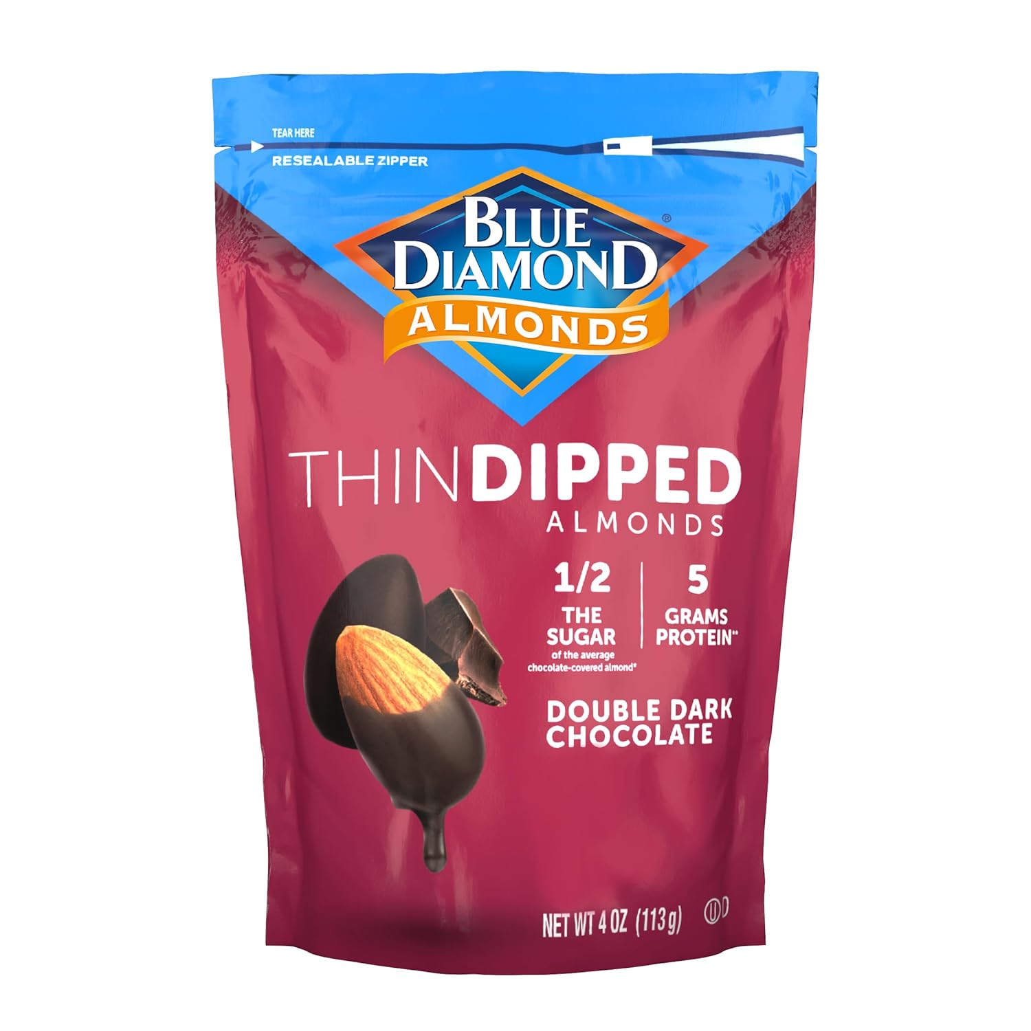 Blue Diamond Almonds, Dark Chocolate Covered Thin Dipped Snack Nuts for Guilt-Free Snacking with Half the Sugar, Perfect for Gathering, Holidays, or Craving a Sweet Treat, 4oz. Resealable Bag