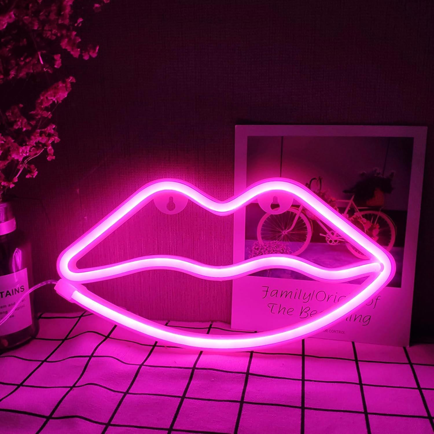 ENUOLI Pink Lip Neon Lights LED Lips Light Neon Signs Battery/USB Operated Signs Wall Lamps Light up Your Bedroom Party Wedding Bar