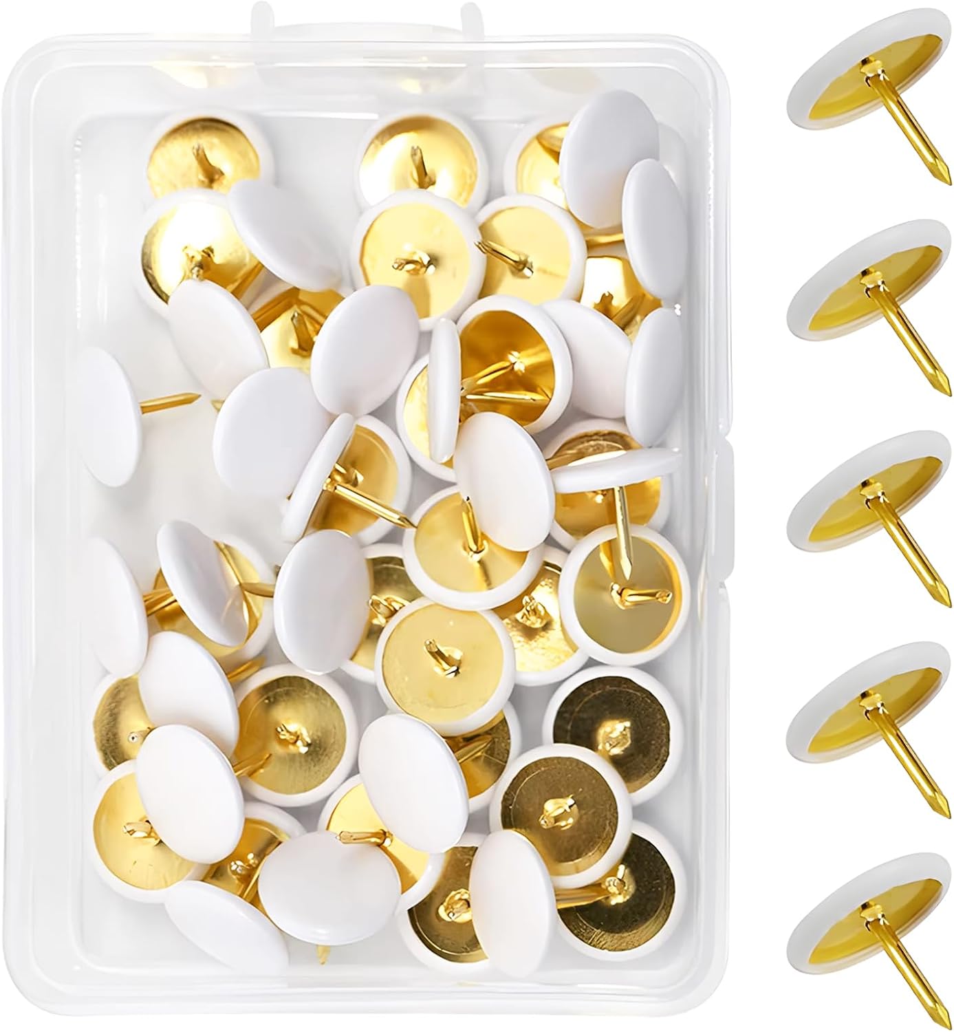 GALAMAX 100 PCS Metal Drawing Pins, 0.41 x 0.35 Inch Cork Board Pins, Round Head Push Pins with Storage Box, Golden Steel Point Thumb Tacks for Map, Photo Wall, Cork Board Bulletin (White)