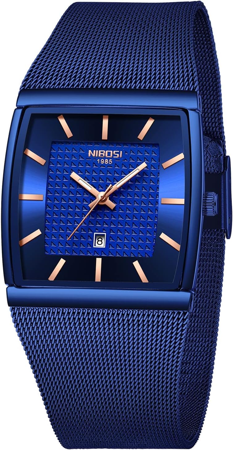 NIBOSI Men Watches Luxury Military Waterproof Sport Quartz Analog Square Wrist Watch for Men with Stainless Steel Mesh Band Date Calendar