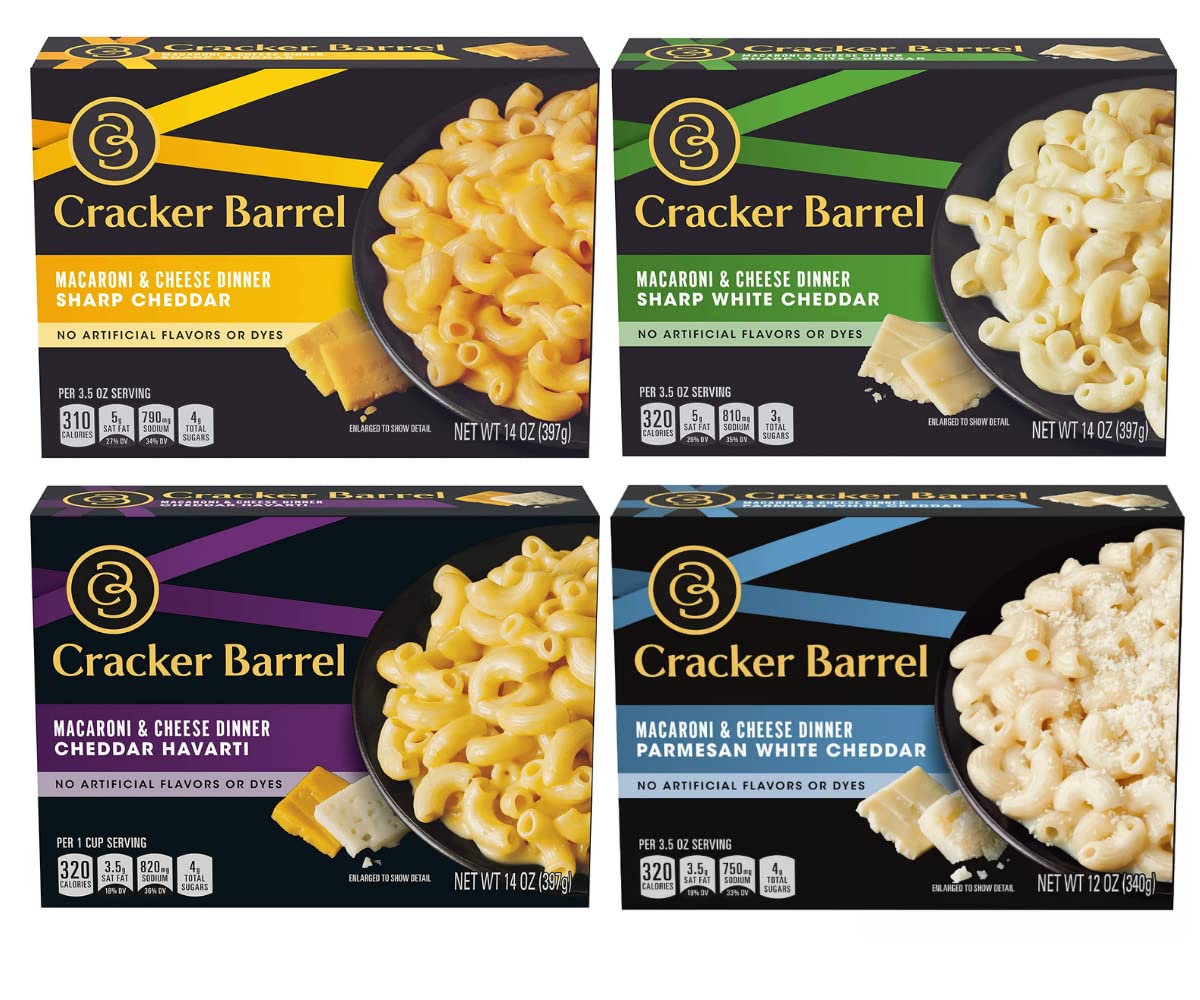 Macaroni and Cheese by Cracker Barrel in 4 Variety Packs - Sharp Cheddar, Cheddar Havarti, Sharp White Cheddar Flavor and Parmesan White Cheddar, An Instant Mac and Cheese Dinner Meal for the Whole Family, Pantry Staples