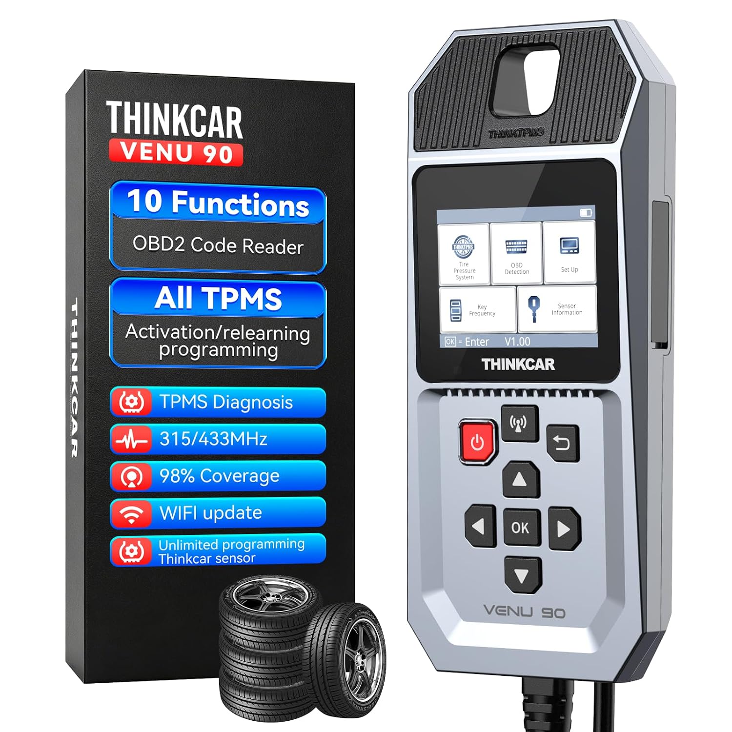 THINKCAR VENU90 TPMS Programming Tool/OBD2 Scanner Code Reader,Activate/Relearn TPMS Sensors, Program THINKCAR TPMS Sensors (315/ 433MHz) Only,TPMS Relearn Tool with 32GB SD, 98% Vehicle Coverage