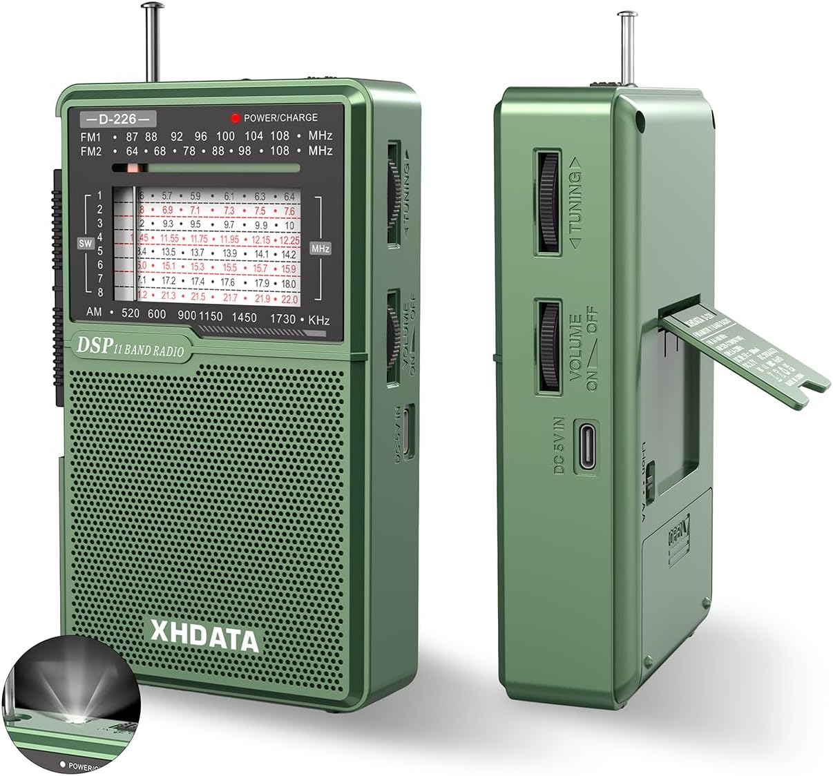 XHDATA D226 Radios Portable AM FM Shortwave, USB C & Battery Powered, Green