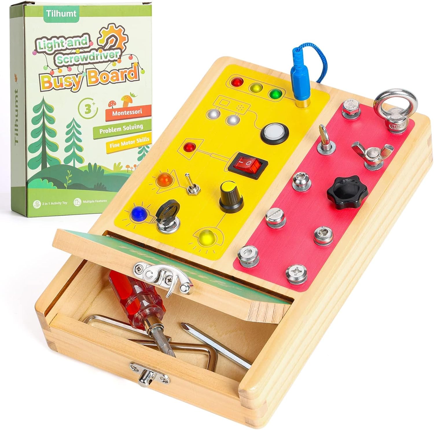 Tilhumt 2 in 1 Busy Board, Montessori Screwdriver Board Set with 6 LED Light Switch for Toddlers, Montessori Switch Board with Storage Box for Tools, Educational Travel Toys for Kids 3 4 5 Year Old