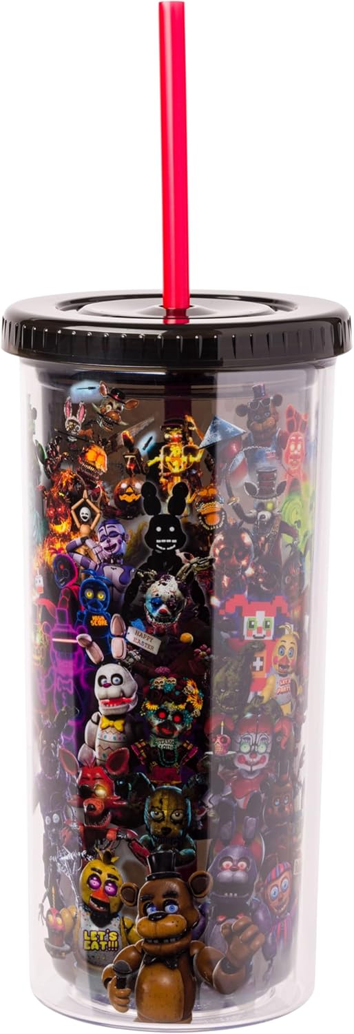 Silver Buffalo Five Nights at Freddy's Special Delivery Collage Plastic Tall Cold Cup with Lid and Straw, 20 Ounces
