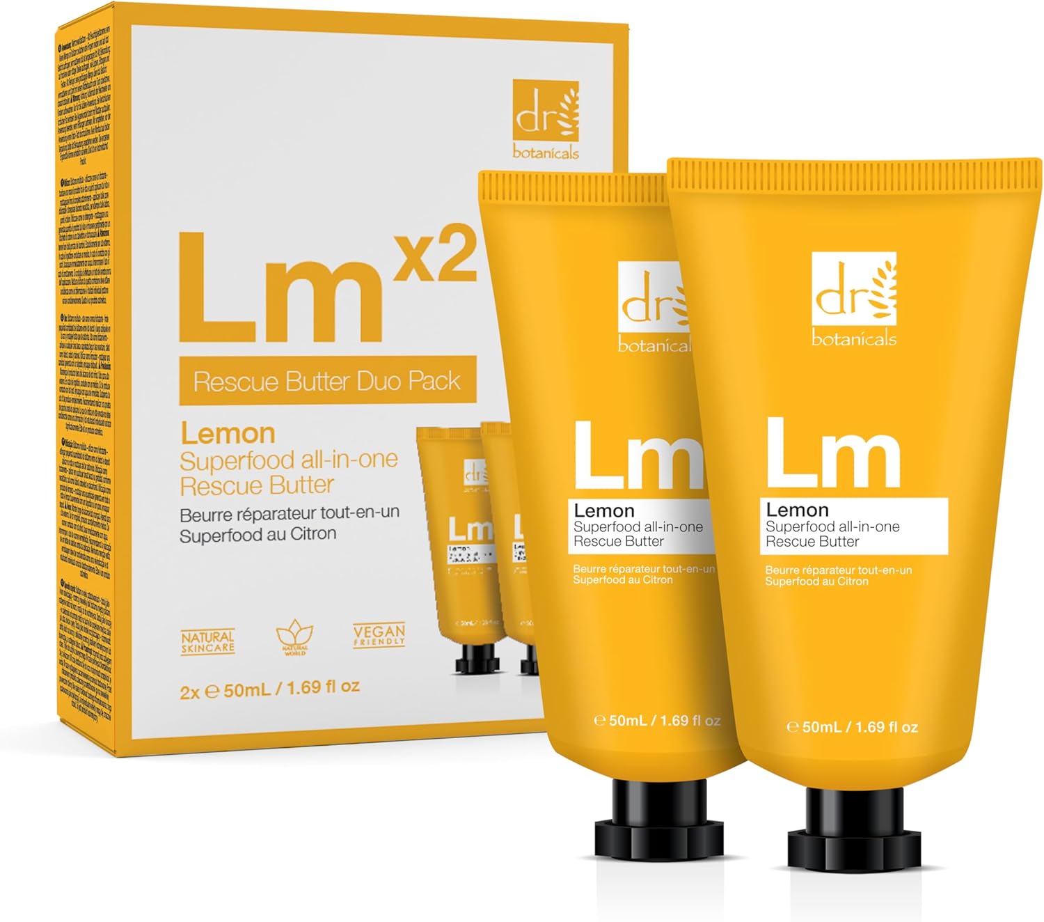 Dr Botanicals Vegan Lemon Superfood All-in-one Rescue Body Butter Moisturizer with Natural Ingredients Lemongrass Oil, Coconut Oil, Almond Oil, Grapeseed Oil and Sea buckthorn Fruit Oil (2 x 50ml)