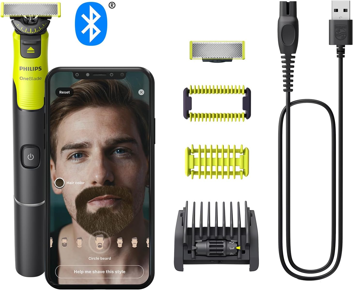 Philips OneBlade 360 Connected Face + Body, Hybrid Electric Beard Trimmer, Shaver and Body Groomer. Incl. 1x 360 Blade, 1x Original Blade (8 Month Supply), 5-in-1 Comb, 1 x Body Kit, Model QP4631/30