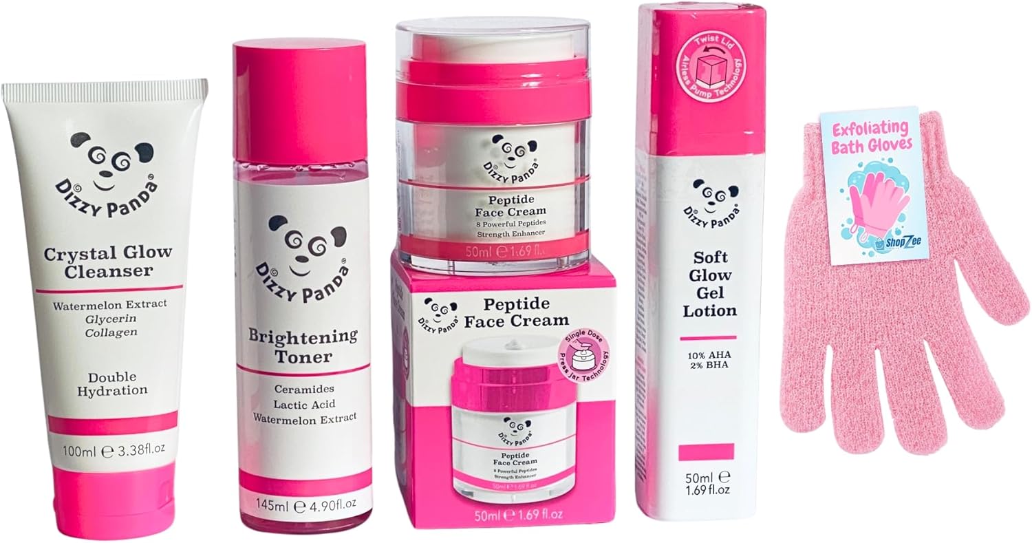 Dizzy Panda Complete Skincare Bundle with ShopZee Exfoliating Bath Gloves - Crystal Glow Cleanser 100ml, Brightening Toner 145ml, Peptide Face Cream 50ml, Soft Glow Gel Lotion 50ml (Skincare Set)