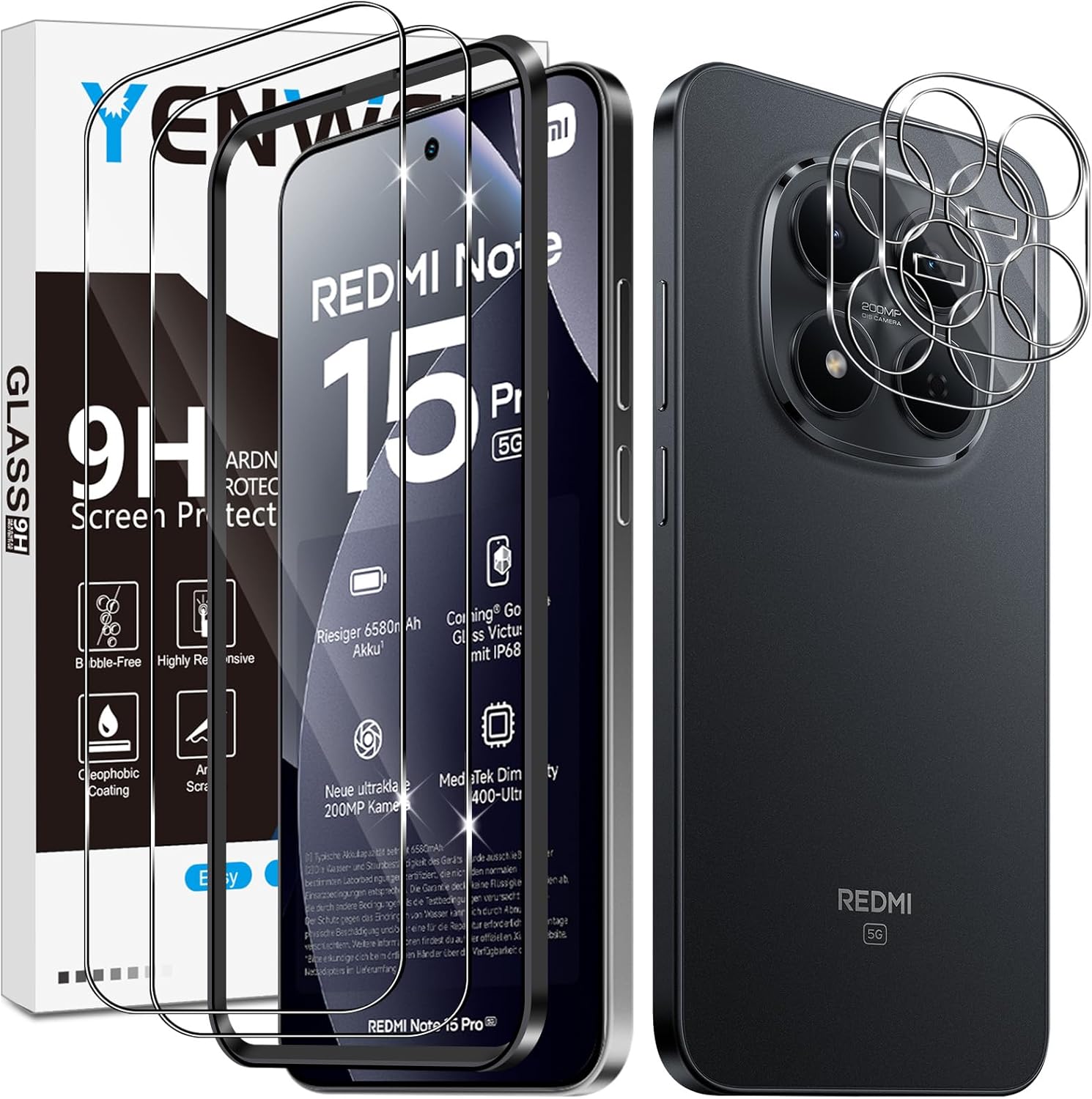 Screen Protector for Xiaomi Redmi Note 15 Pro 5G, 2 Pack of Tempered Glass with 2 Camera Protection, 9H Hardness Protective Glass Mobile Phone Film HD Clear