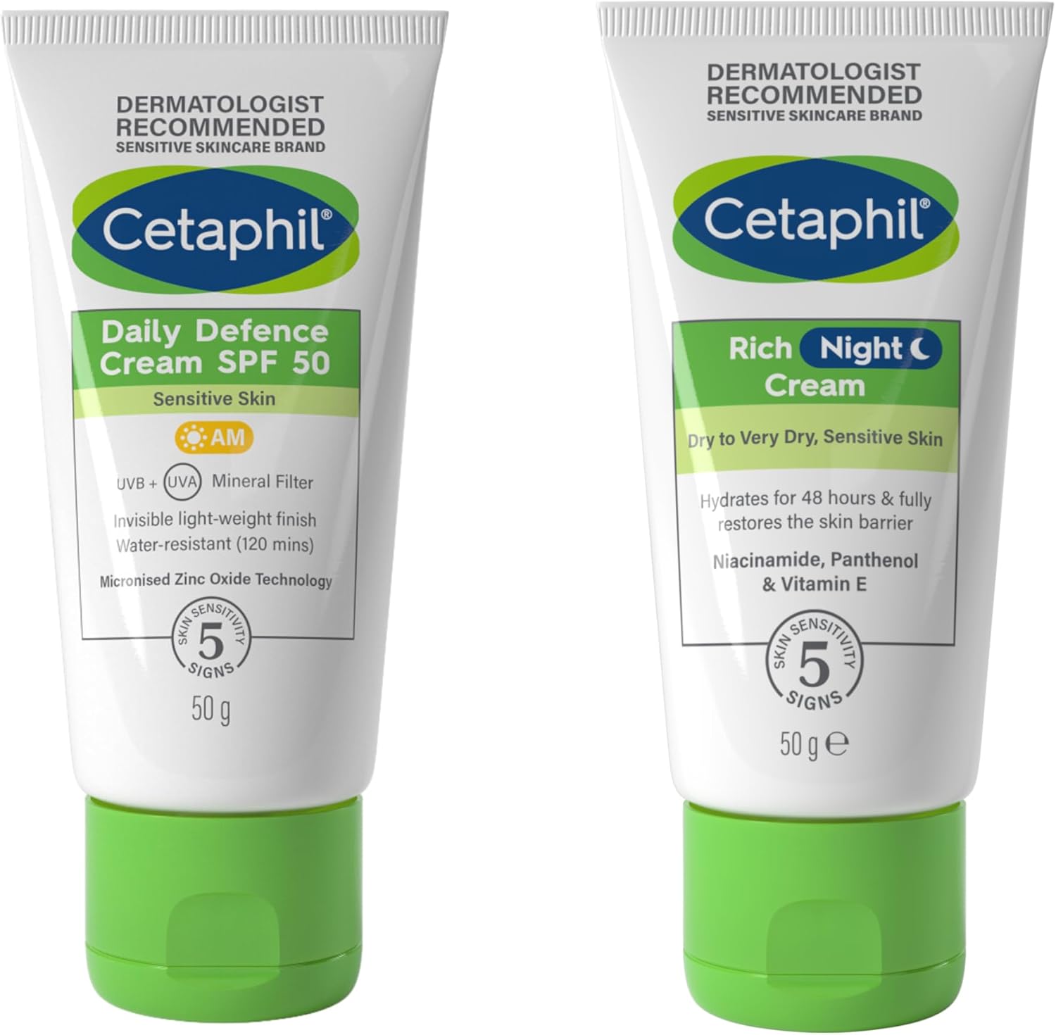 Cetaphil SPF 50 Day Cream 50g + Night Face Moisturiser 50g Skincare Set, Daily Defence Moisturiser & Rich Night Cream, For Sensitive Skin