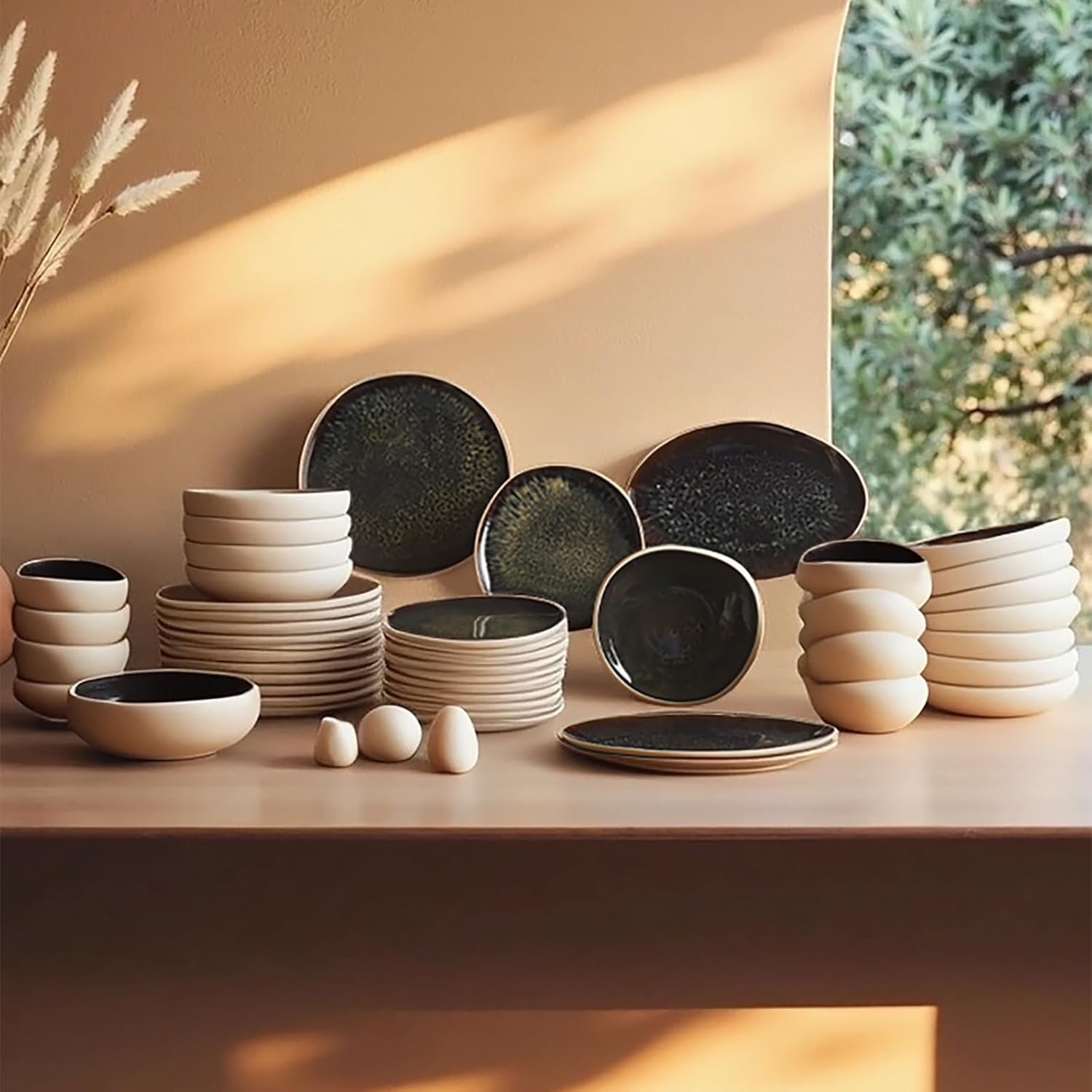 Karaca Earth Collection Galactic 55 Piece Dinner Set for 12 People – Reactive Glaze Stoneware Dinnerware Set, Modern White Tableware, Durable Plates & Bowls Set