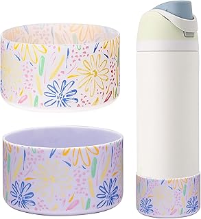 WK IEASON 2Pcs Silicone Water Bottle Boot for Owala 24oz, Protective Flask Bottom Cover Base for Owala FreeSip Twist and Flip Flask Bottles (Floral print Clear/fog, 24OZ)