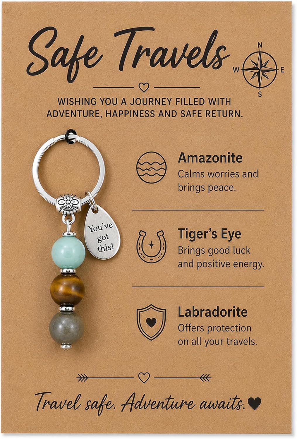 Travel Safe Crystal Keychain – Good Luck Keyring with Bon Voyage Card
