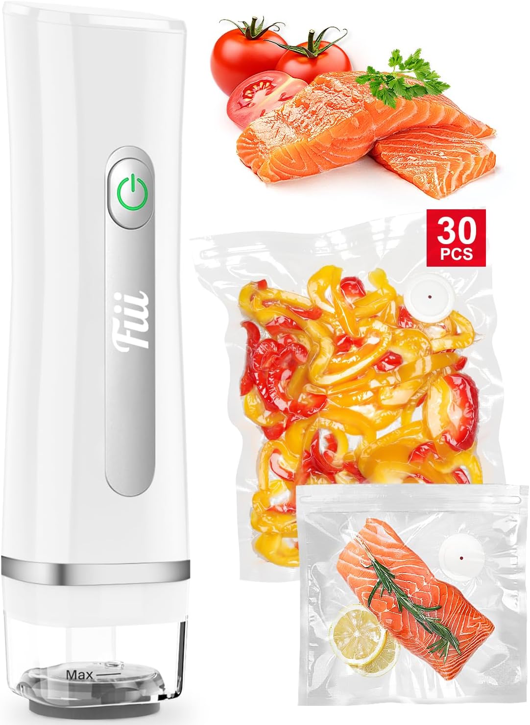 FIII Vacuum Sealer with 30 Reusable Bags for Food, Powerful Handheld Vacuum Sealer Machine with Visible Water Tank, One Touch Kitchen Storage and Preservation (white & sliver)