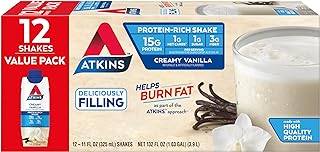 Atkins Creamy Vanilla Protein Shake, 15g Protein, Low Glycemic, 2g Net Carb, 1g Sugar, Keto Friendly, 12 Count