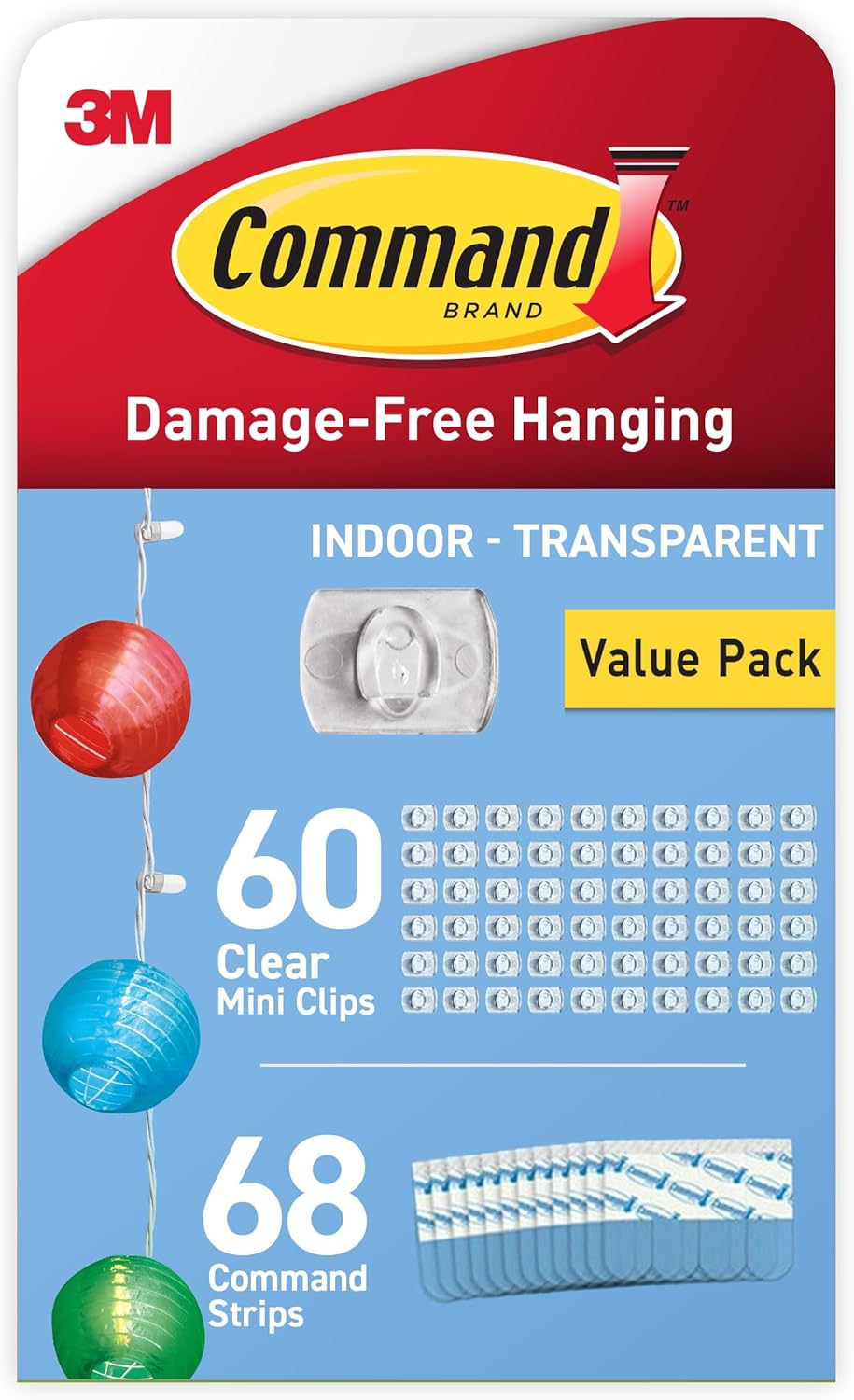 Command Clear Decorating Clips, Value Pack of 60 Transparent Clips and 68 Small Adhesive Strips - Little Hooks for Decorations and Fairy Lights - Damage Free Hanging - Packaging May Vary