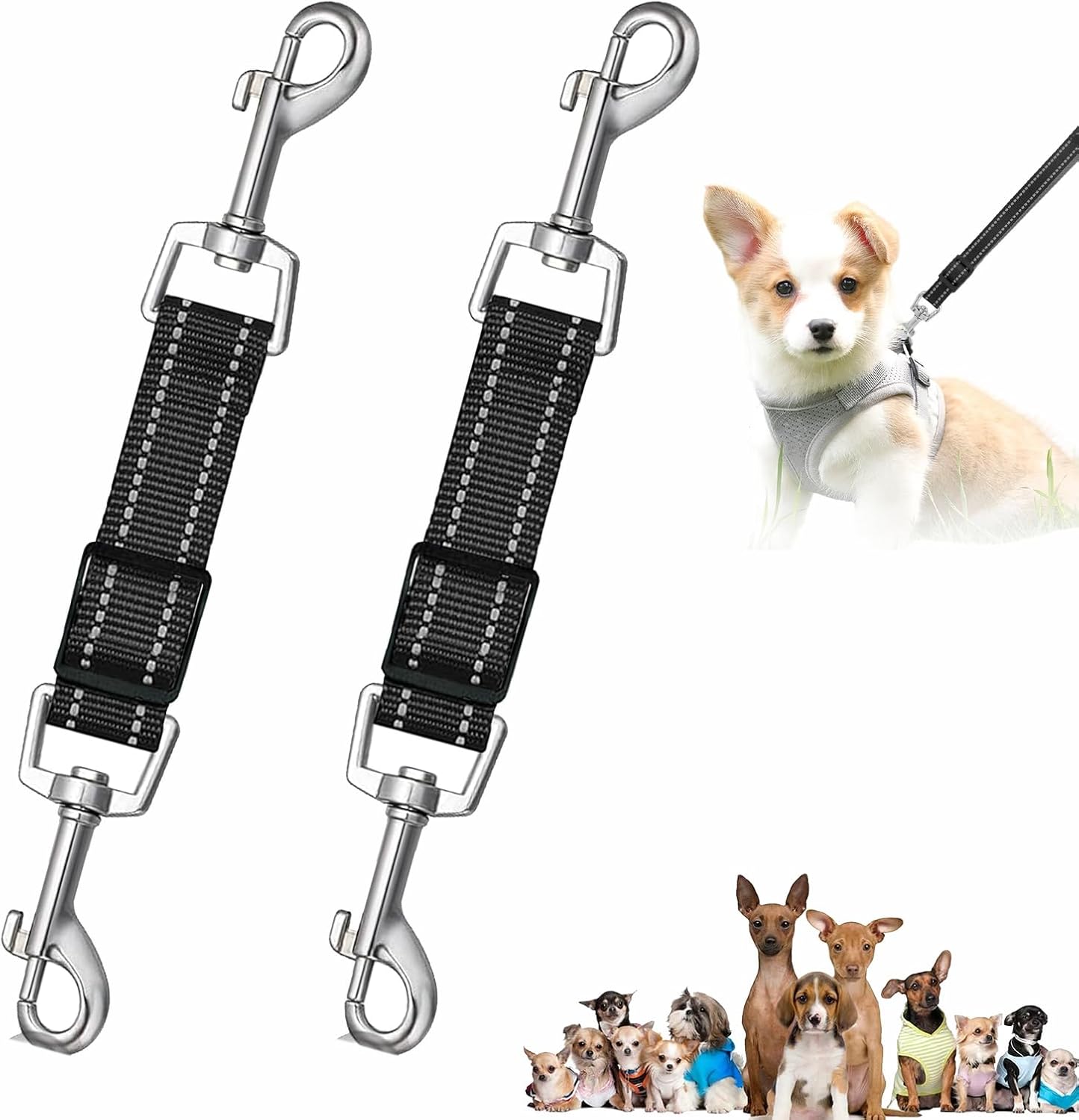 2 Pcs Collar to Harness Safety Link,Adjustable Double Clip Dog Lead,Double Clip Lead for Dogs,Dual-Ended Pet Connector for Dogs&Puppies&Pets,Universal Heavy Duty Leash Clips for Walking&Training,Black
