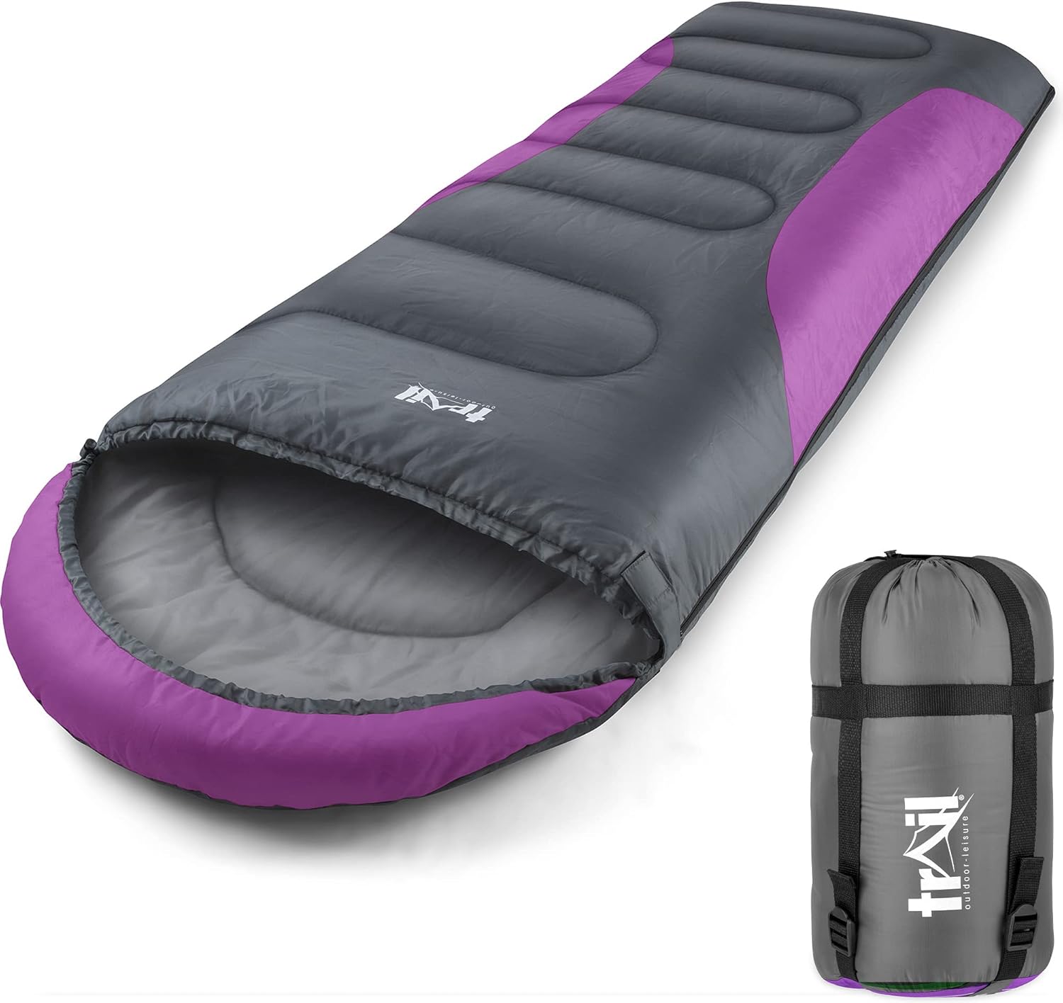 Trail Envelope Sleeping Bag With Snug Hood, Single Adult, 3 Season, Water-Resistant, Lightweight With Compact Bag, Outdoor, Camping, 250g Insulated Filling