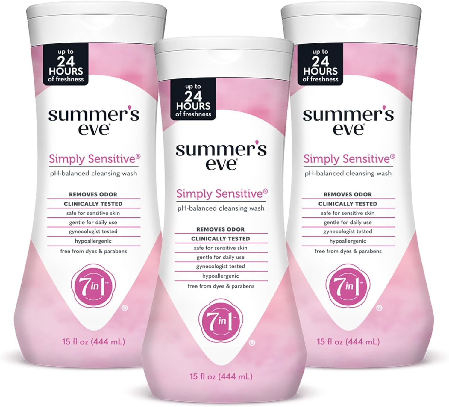 Summer's Eve Simply Sensitive Daily Gentle All Over Feminine Body Wash, Removes Odor, Feminine Wash pH Balanced, 15 fl oz, 3 Pack