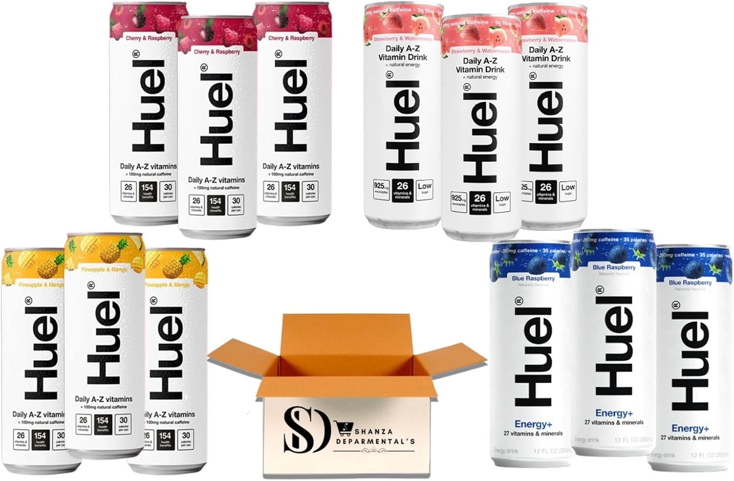 Huuel Daily A–Z Vitamins Energy Drink Variety Pack – 330ml Cans (4 Flavours) | Multivitamin Fizzy Drink Made with Real Fruit, Rich in Electrolytes, Low Calorie, Caffeine Boost (12 Cans)
