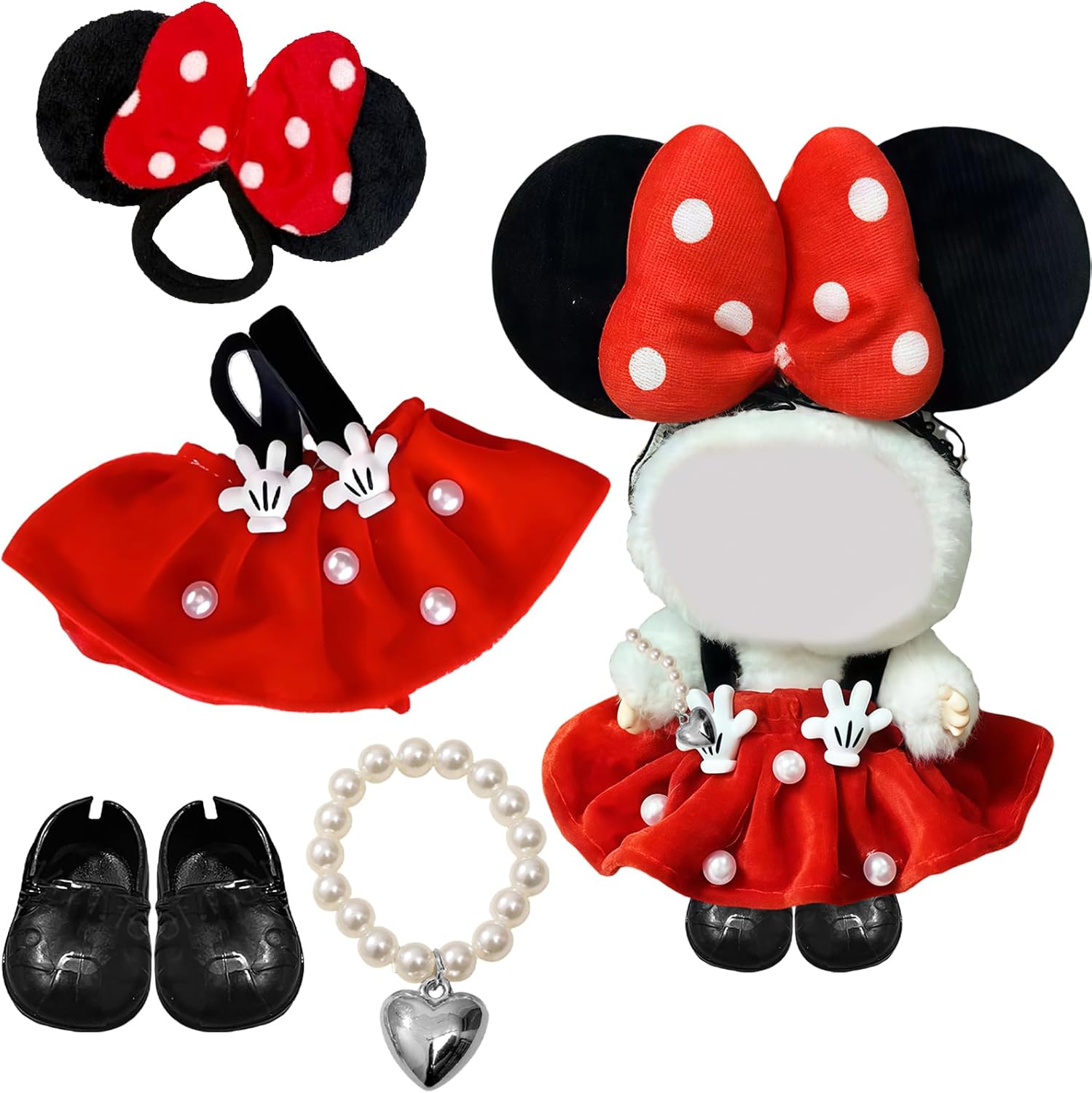 GWAWG 4 Pcs Doll Clothes 17cm Plush Dolls Labubu Accessories Labubu Dress Adorable Outfit Includes Minnie Hair Bands Pearl Back Dress Love Necklace Shoes No Doll Plush Toy Dress Up Costume Dolls Acce