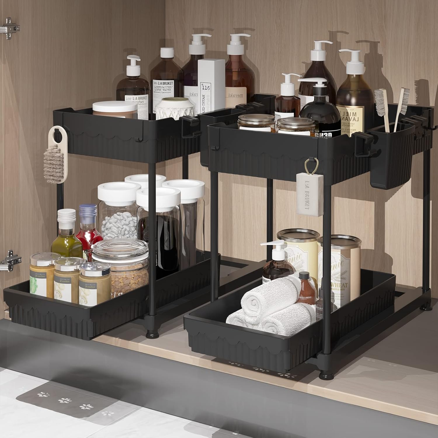 2 Pack Multi-Purpose Under Sink Organizers and Storage, 2025 Pull Out Cabinet Organizer for Bathroom & Kitchen, Under Cabinet Organizer with Hooks Hanging Cup, Black