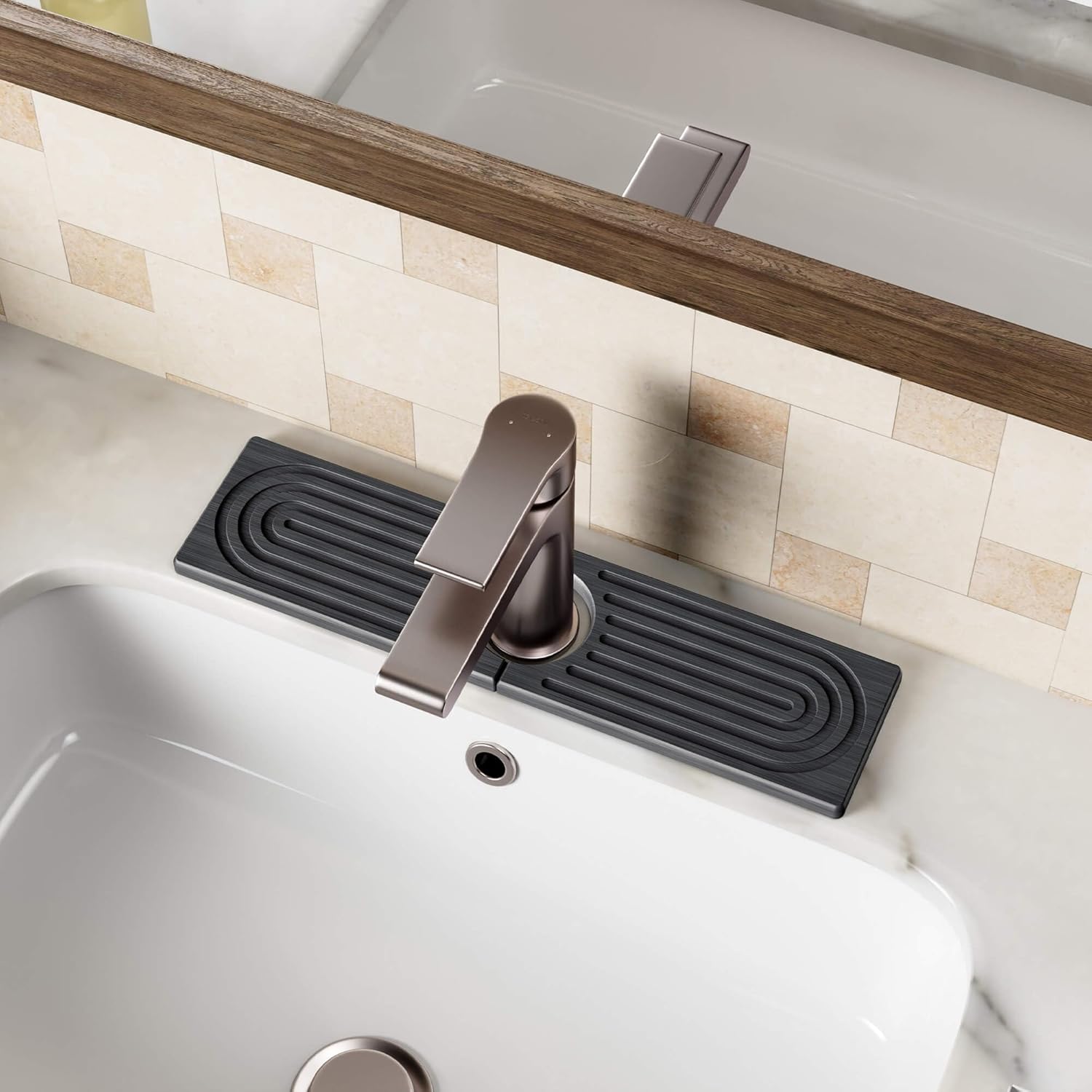 Stone Faucet Mat for Kitchen Sink, Diatomite Sink Protectors - Prevent Moisture Drying Stone Tray Fit Kitchen Counter & Bathroom Counter (Dark Gray, 15.8" x 4")