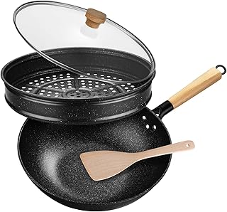 Non-Stick Wok with Steamer Basket,12 Inches Stir Fry Pans with Lid, Wok Pan Flat Bottom Multifunctional Cookware Chinese Wok for Induction, Gas, Halogen