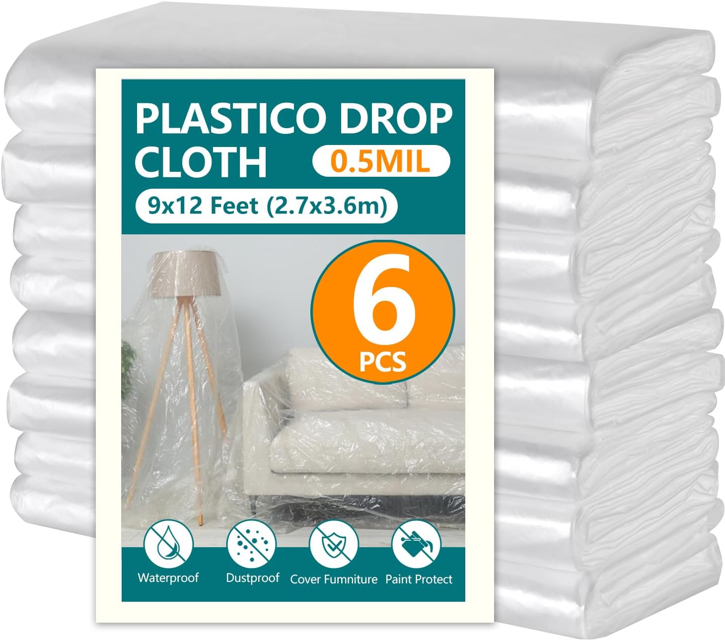 12x9ft Plastic Drop Cloths - Disposable Painter's Sheeting for Floor/Furniture/Car Protection,Paint Drop Cloth (6-Pack)