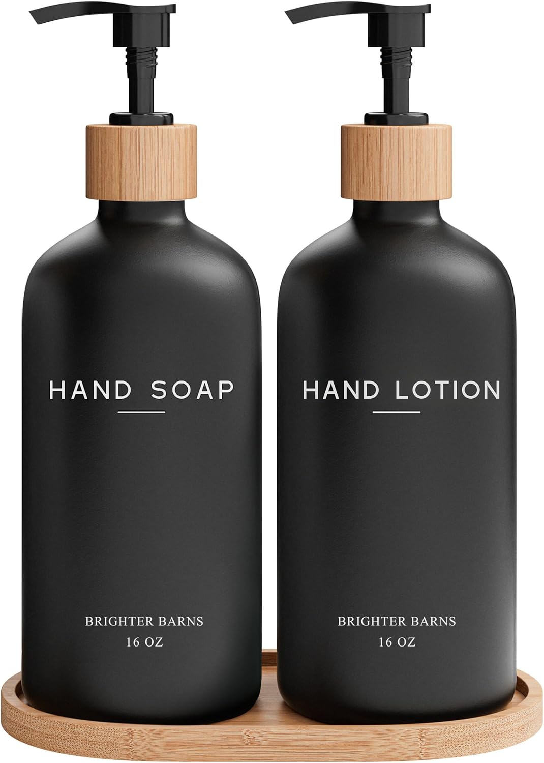 Black Glass Soap Dispenser Bathroom Set by Brighter Barns - Soap and Lotion Dispenser Bathroom Set with Tray- Liquid Hand Soap Dispenser and Pump - Bamboo Bathroom Accessories & Modern Bathroom Decor