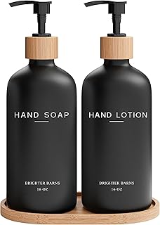Black Glass Soap Dispenser Bathroom Set by Brighter Barns - Soap and Lotion Dispenser Bathroom Set with Tray- Liquid Hand Soap Dispenser and Pump - Bamboo Bathroom Accessories & Modern Bathroom Decor